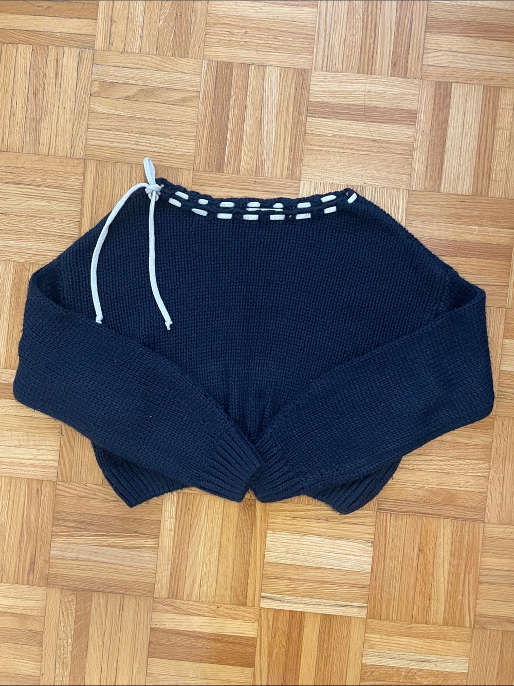 Knit Boatneck Sweater with Drawstring - Navy & White